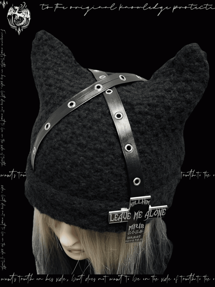 Punk Black Cat Ears Design Criss-cross Straps Cross Accent Glamorous Beanie