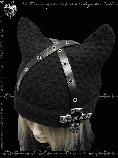 Punk Black Cat Ears Design Criss-cross Straps Cross Accent Glamorous Beanie