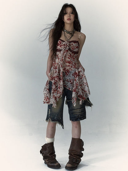 Detachable Flower Decorated White and Red Asymmetrical Hem Cami Top