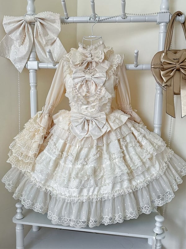 White Lace Trims Apricot Bows Decorated Hanayome Dress Lolita Jumper Skirt