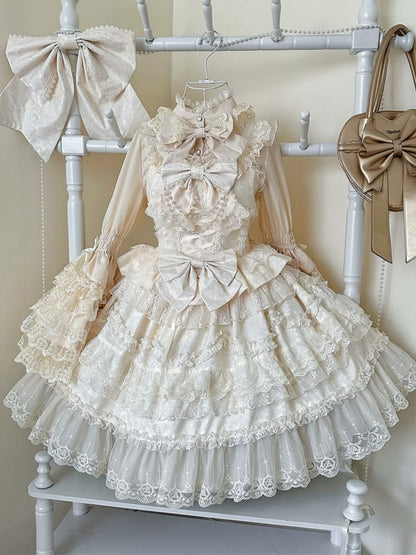 White Lace Trims Apricot Bows Decorated Hanayome Dress Lolita Jumper Skirt
