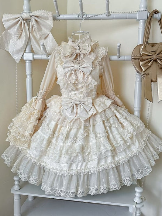White Lace Trims Apricot Bows Decorated Hanayome Dress Lolita Jumper Skirt
