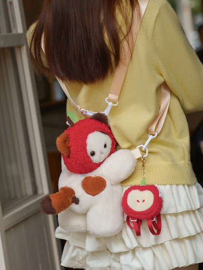 White Cute Kitty Heart Plush Backpack/Crossbody Bag + Red Apple Hat + Apple Backpack Keychian Middle/Large Size