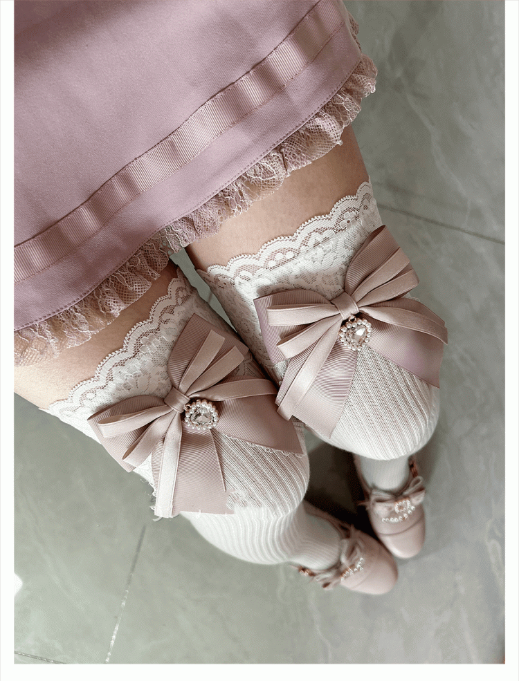 Dusty Pink Bow Detail Front Heart Rhinestone Jirai Kei Over Knee Stockings