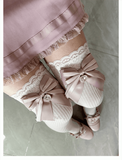 Dusty Pink Bow Detail Front Heart Rhinestone Jirai Kei Over Knee Stockings