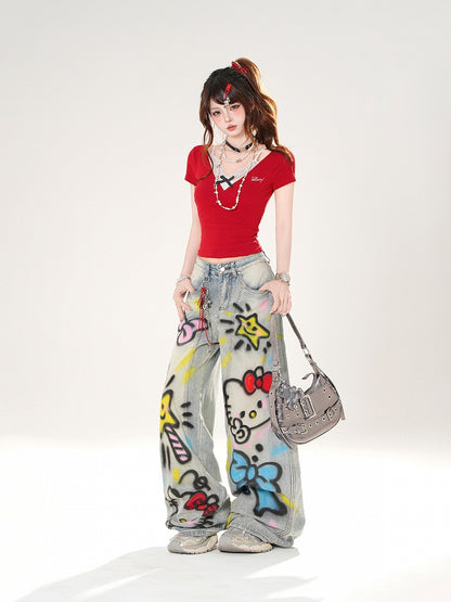 Faux Two-pieces Lace Camisole Design Black/Red Slim-fitting T-shirt