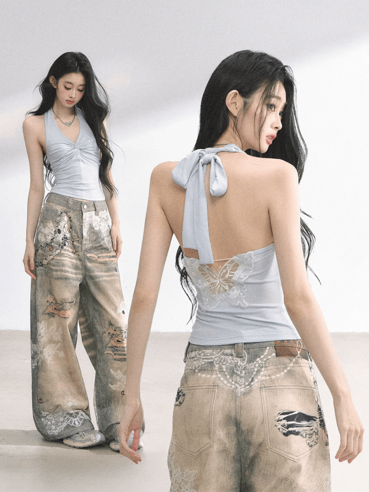 Twist Detail Neckline Lace Butterfly Applique White/Gray/Blue Backless Halter Top