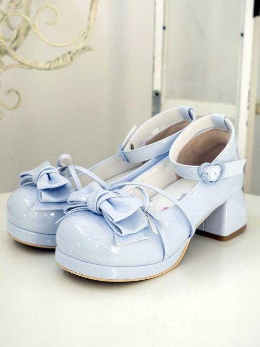 Bow at Top Blue Round Toe Sweet Mary Janes Ankle Strap