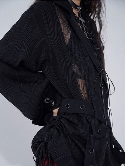 Lace-up Detail Black Punk Shirt with Waist Belt