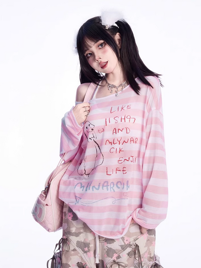 Asymmetrical Neckline Puppy Print Blue/Pink Striped Semi-sheer Coverup