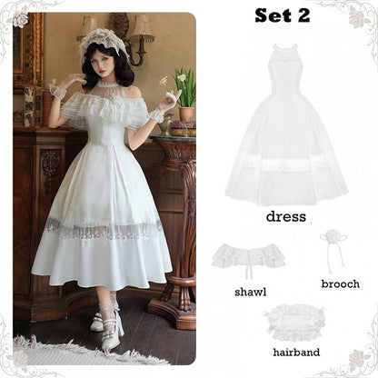 White Illusion Halter Neck Rosette Jacquard Fabric Elegant Dress Full Set