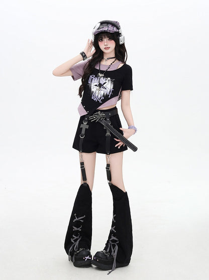 Asymmetrical Hem Star Print Black&Gray / Black&Purple Faux Two-pieces T-shirt
