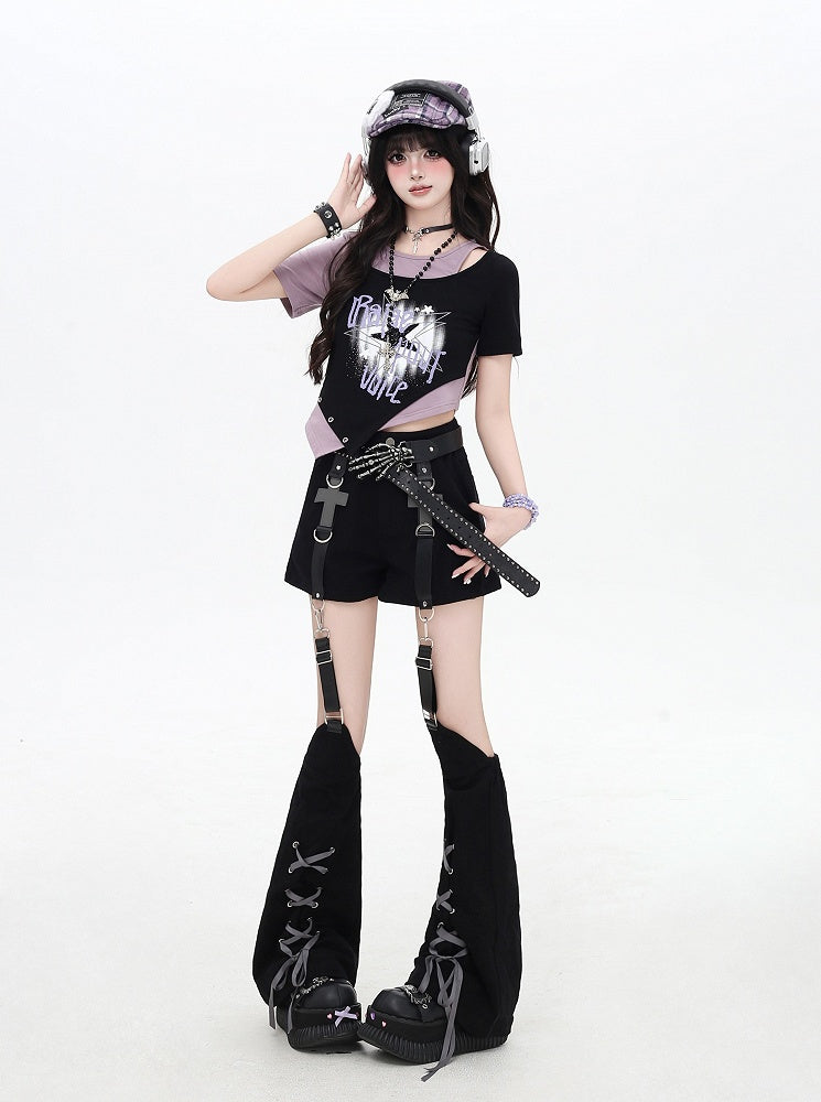 Asymmetrical Hem Star Print Black&Gray / Black&Purple Faux Two-pieces T-shirt