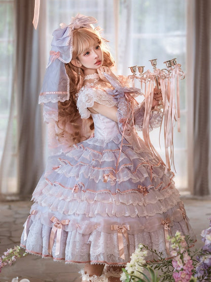 Purple and Pink Hime Lolita Bow Accents Tiered Skirt Princess Dress