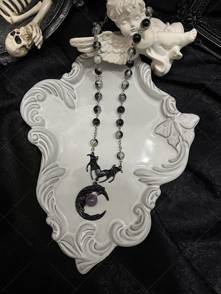 Bat Moon Pendant Gothic Witch Red / Black Beaded Necklace