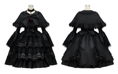 Black Gothic Layered Bell Sleeves Drawstring Skirt Kuro Lolita Dress + Cape