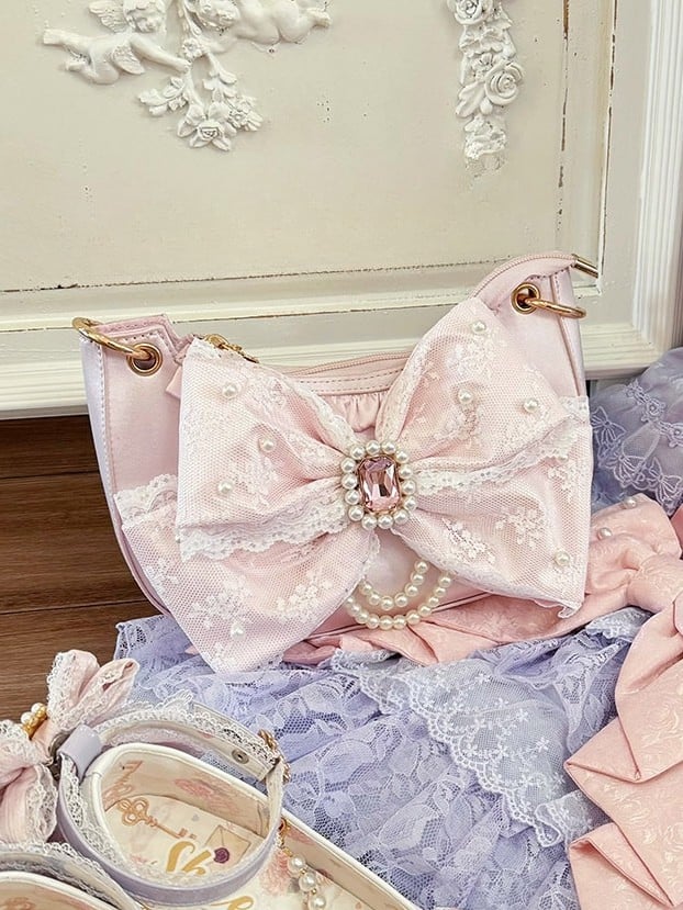 Satin Pink Sweet Lolita Underarm Bag - Large Lace Bow with Crystal & Beads Embellishments