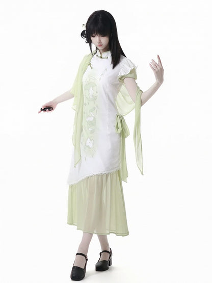 Green Apple Print Cheongsam Style Banded Collar Knot Buttons Qipao Dress