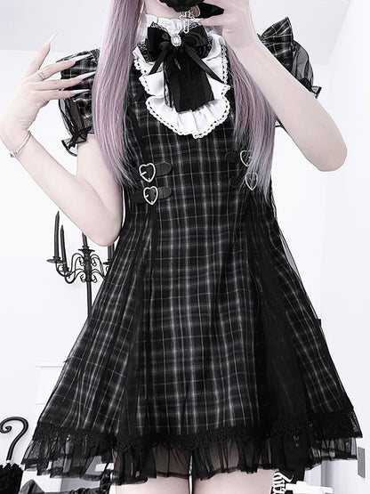 Jirai Kei Flutter Sleeves Heart Buckles Waist Black Plaid Dress with Mesh Overlay