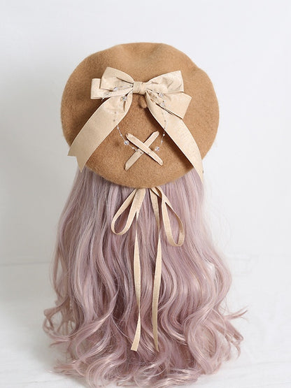 Beige / Camel Sweet Lolita Beret With Khaki Bowknot Ribbon