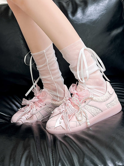 Pink Beaded Decorated Bow at Top Lace Front Lace-up Ties Sneakers