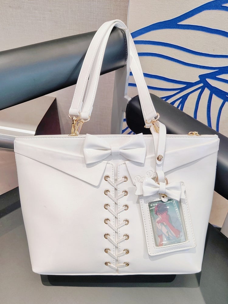 White Bow Accents Lace-up Detail Ita Shoulder Bag with Free Charm
