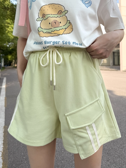 Green Drawstring Waist Casual Sports Shorts