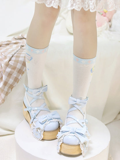 Polished Blue Bunny Ear Bowknot Old School Sweet Lolita Platforms