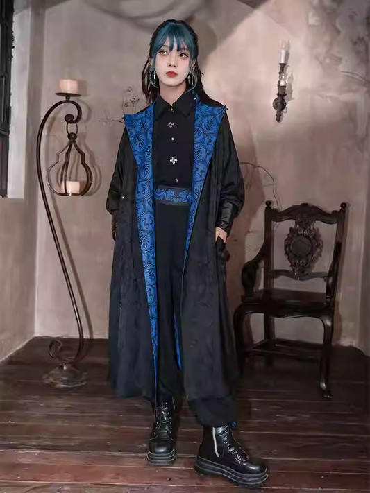 Reversible Blue Seahorses and Coral Print Black Jacquard Cheongsam Style Long Coat