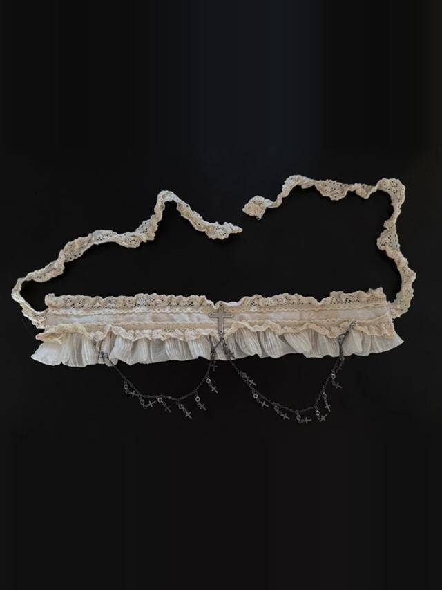 Beige Lace Ruffled Choker with Chain Cross Design