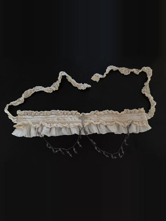 Beige Lace Ruffled Choker with Chain Cross Design