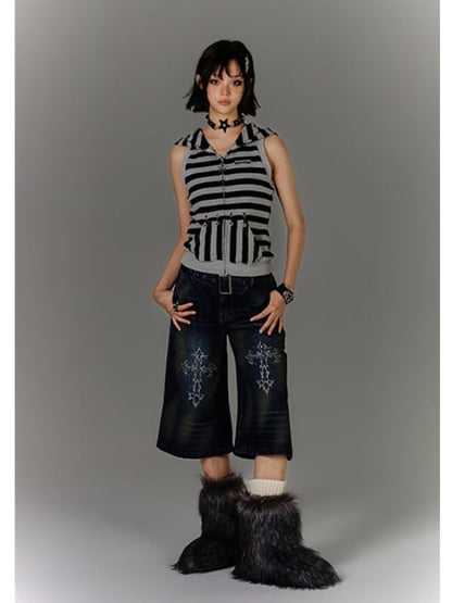 Blue Cross Print Faded Wash Glamorous Distressed Jeans with Buckle Belt