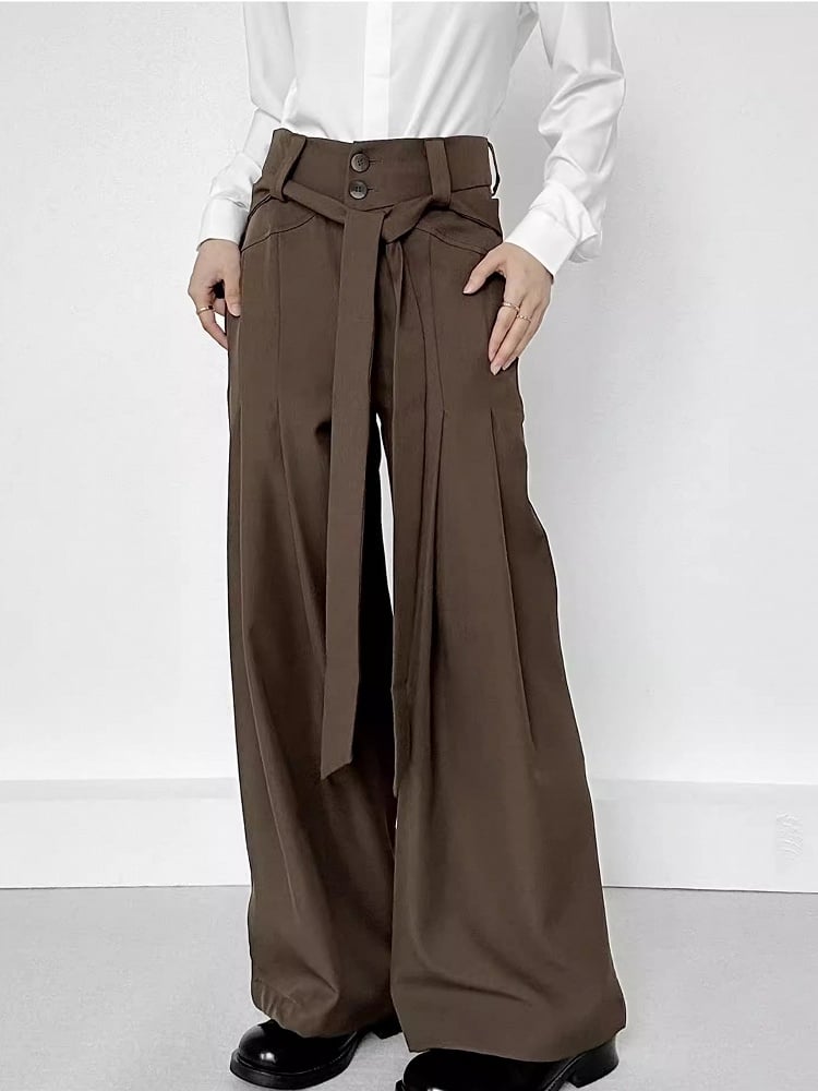 Ouji Lolita Coffee Wide-Leg Pants with Two-Button Fly & Side Ribbons