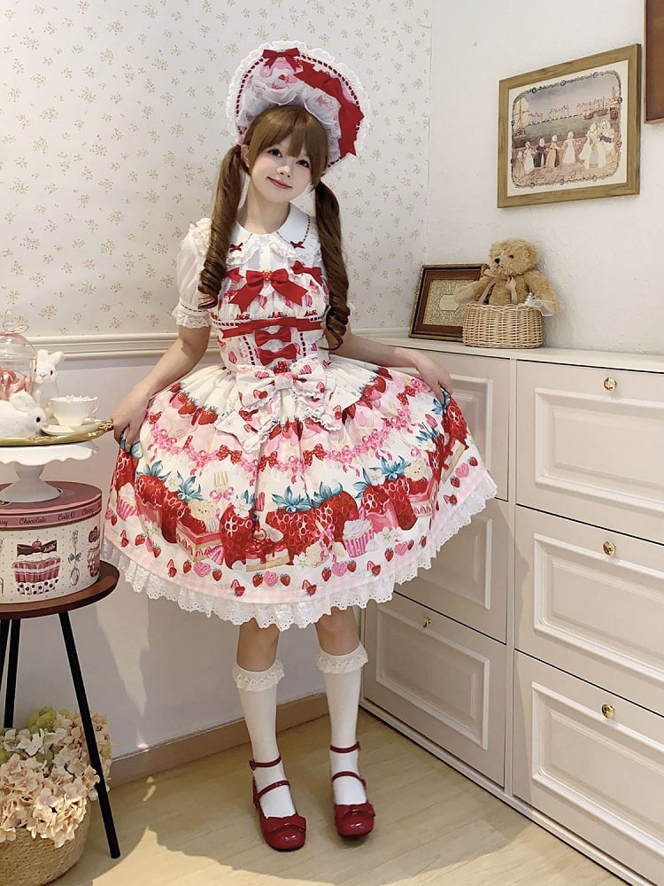 Strawberry and Dessert Print White Sweet Lolita Dress
