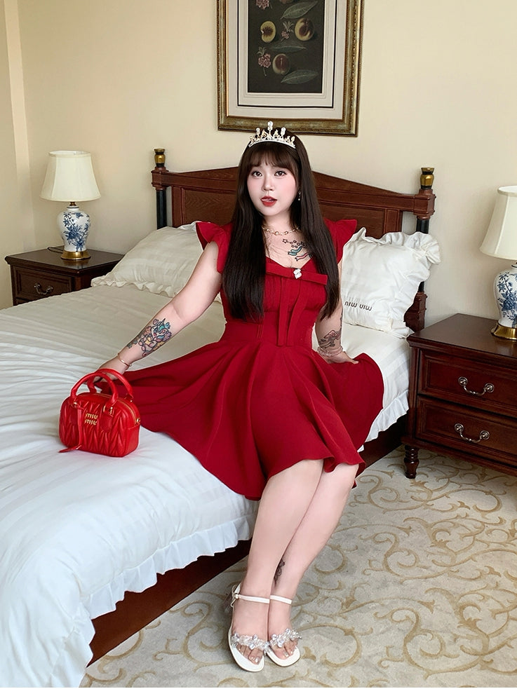 Plus Size V-neck Flutter Sleeves Big Bow Front Red Dress