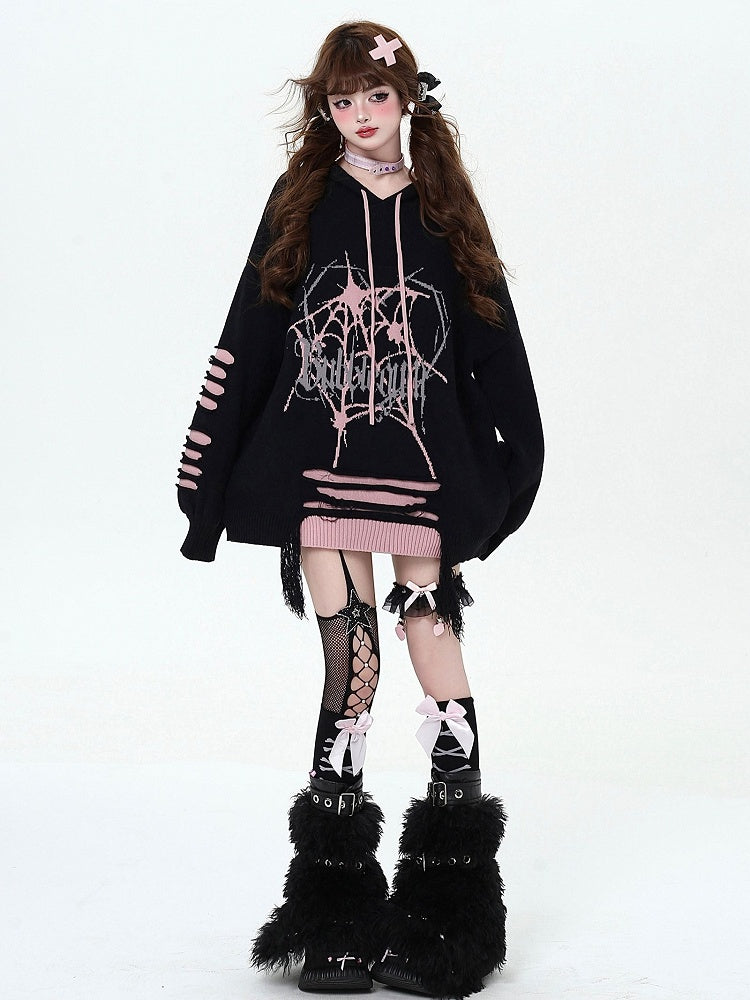 Black and Pink Gothic Spiderweb Distressed Holes Hooded Sweater