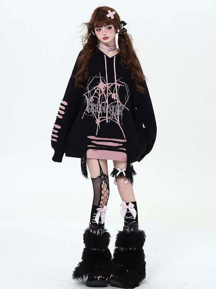 Black and Pink Gothic Spiderweb Distressed Holes Hooded Sweater