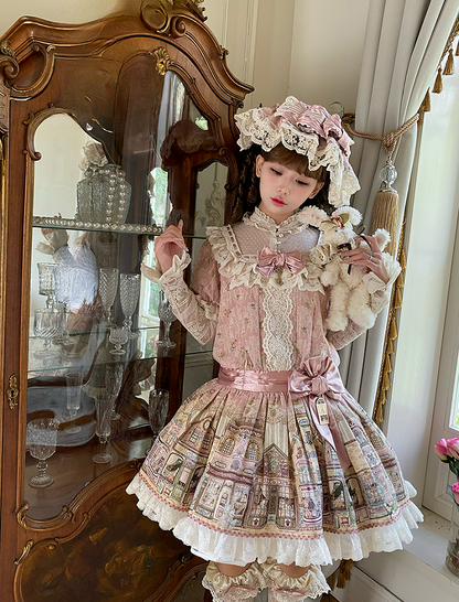 Pink Ruffle Neckline Sweet Lolita Dress with Fairytale Town Print and Lace Trim