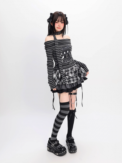 Bittersweet Kitten Print Off-the-shoulder Neckline Black and Gray Striped Top with Scarf