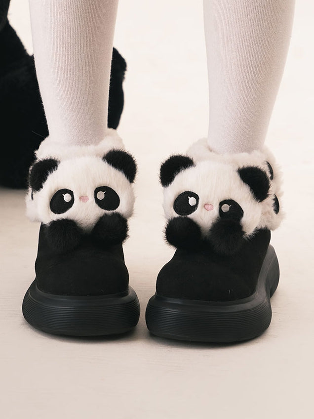 Black Sweet Lolita Platform Snow Boots - Panda Design with Plush Cuff