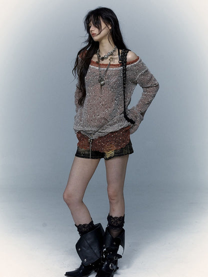 Shoulder Strap Design Punk Hollow Out Long Sleeves Top Beige/Brown/Orange