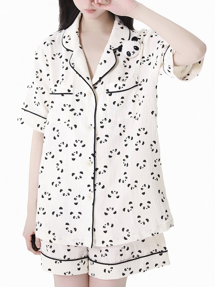 Beige Scalloped Edge Collar Allover Panda Print Shirt + Elastic Waist Shorts Pajamas Set