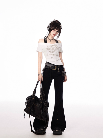 Y2K Cross Necklace Print White and Gray Striped Halter Neck T-shirt