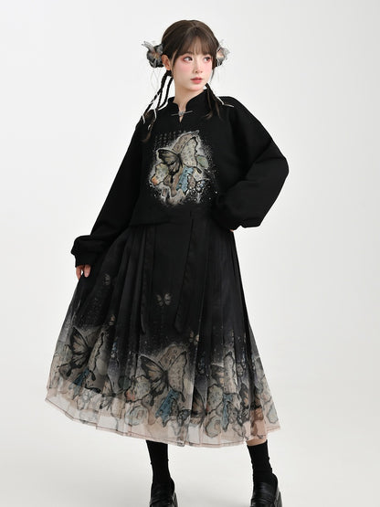 Cheongsam Style Butterfly Print Black Horse-Face Pleated Skirt Long/Short Version