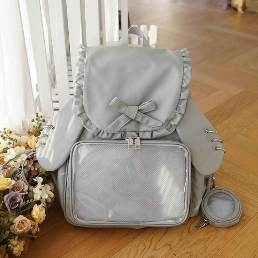 Gray Detachable Bunny Ears Design Fold-over Flap Ita Backpack