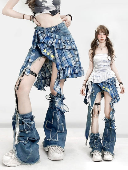 Blue Bittersweet Glamorous Set- Asymmetrical Hem Shorts + Plaid Pattern Star Print Skirt + Cross Applique Leg Warmers