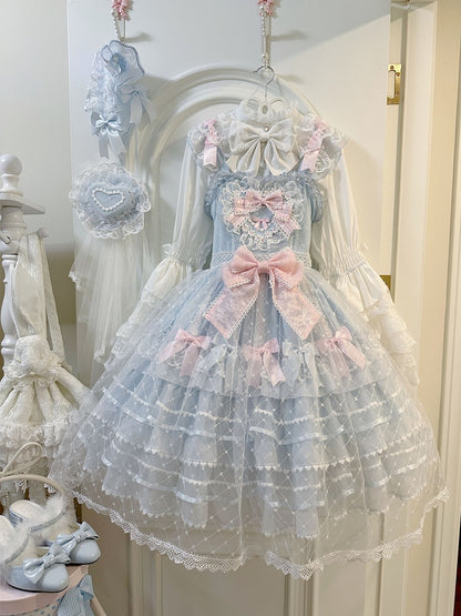 Blue Flower Applique Heart Bodice Overlay Hem Princess Lolita Jumper Skirt