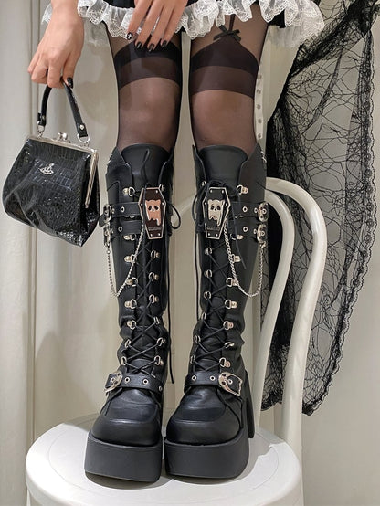 Ghost Cat Black High Block Heel Boots with Detachable Chain