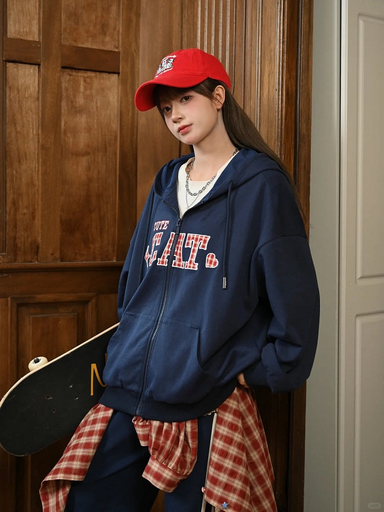 Red Plaid Embroidery Applique Navy Blue Zip-up Hoodie with Detachable Kitty Plushie