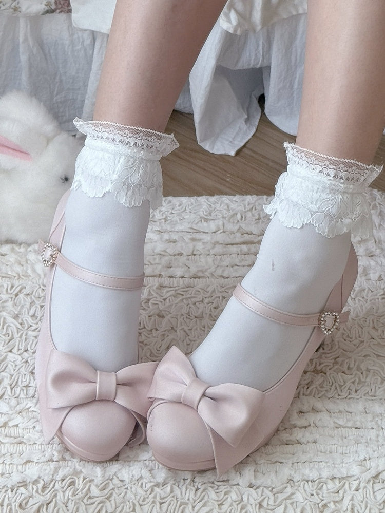 High-heel Sakura Pink PU Leather Shoes - Rhinestone Heart Closure & Delicate Bow Design